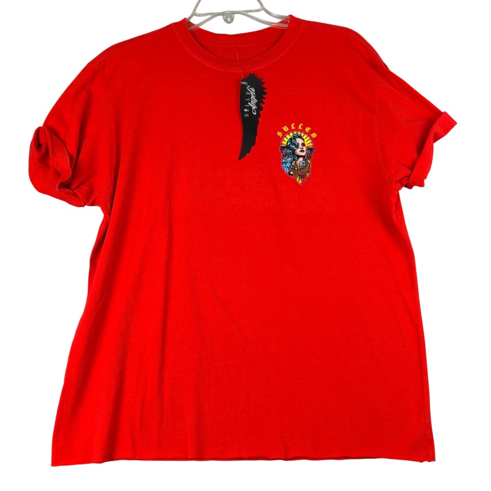 Sullen Angels M Red Graphic T-Shirt Tattoo Art Koi Fish Raw Hem Streetwear Tee